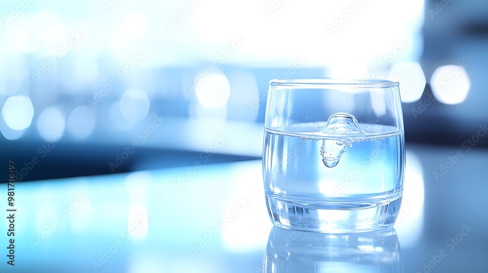 Close-up of glass beaker with clear liquid and floating indicator showing high lead levels, set on white countertop with copy space for text or design Close-up of glass beaker with clear liquid and floating indicator showing high lead levels, set on white countertop with copy space for text or design