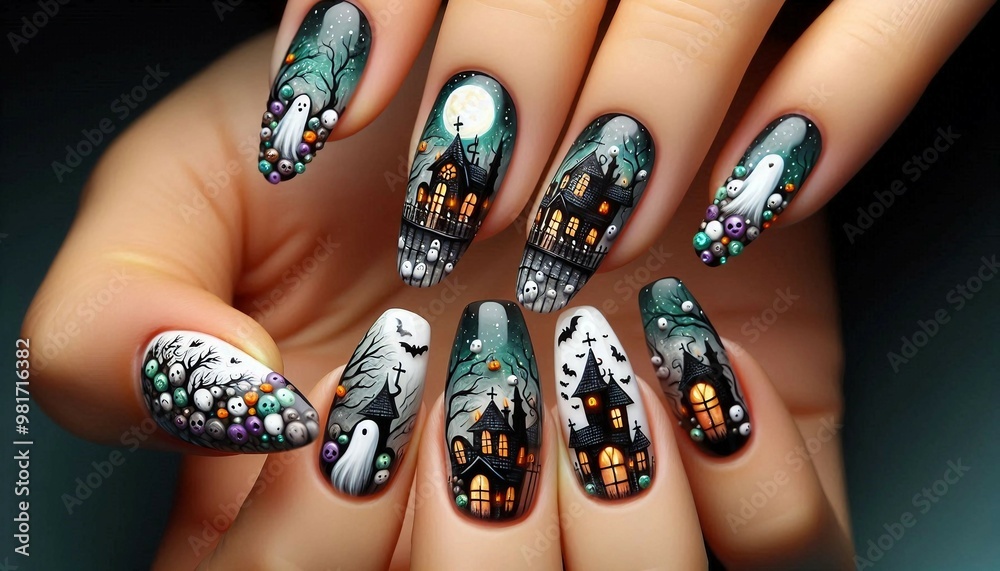 A hand displaying nails with intricate Halloween-themed art, featuring haunted houses, ghosts, and a full moon.
A hand displaying nails with intricate Halloween-themed art, featuring haunted houses, ghosts, and a full moon.