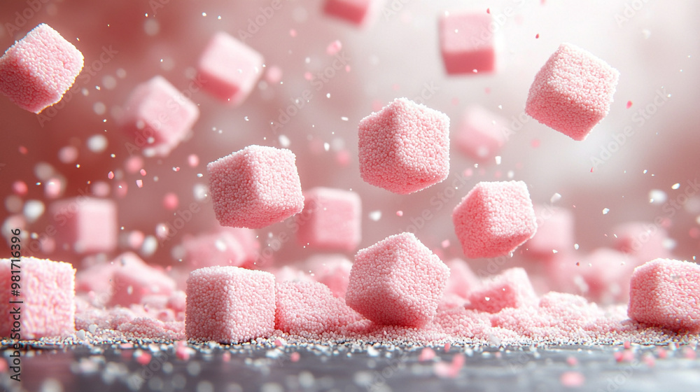 Scattered pink sugar cubes in mid-air, creating a playful and vibrant atmosphere. Perfect for sweet-themed projects. Scattered pink sugar cubes in mid-air, creating a playful and vibrant atmosphere. Perfect for sweet-themed projects.
