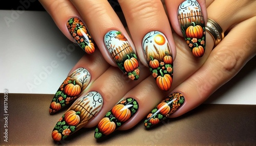 A hand with intricately painted autumn-themed nail art, featuring pumpkins, fall leaves, and a sunset landscape.

 photo