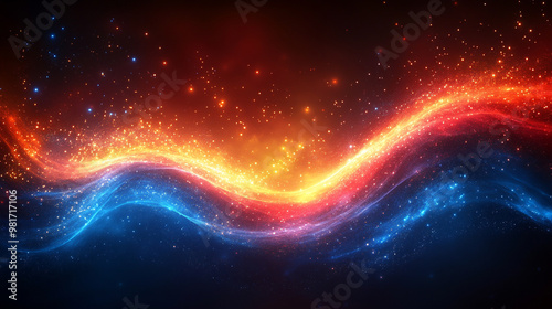 Vibrant wave of blue and red colors with sparkling effects, ideal for backgrounds and digital art projects.