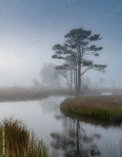 Foggy Morning Over Serene Marshlands, Reflecting the Mystique of Nature