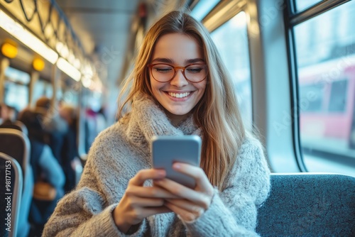 Smiling young woman in a cozy sweater using her smartphone on a train during her commute to work