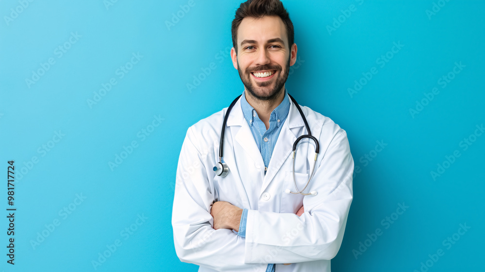 Young doctor man over isolated blue wall smiling a lot Young doctor man over isolated blue wall smiling a lot