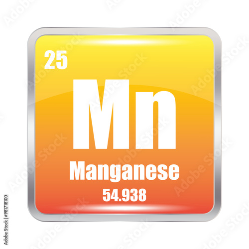 Manganese icon. Mn chemical element. Atomic number 25. Mass 54.938. Orange square image. Vector symbol.
