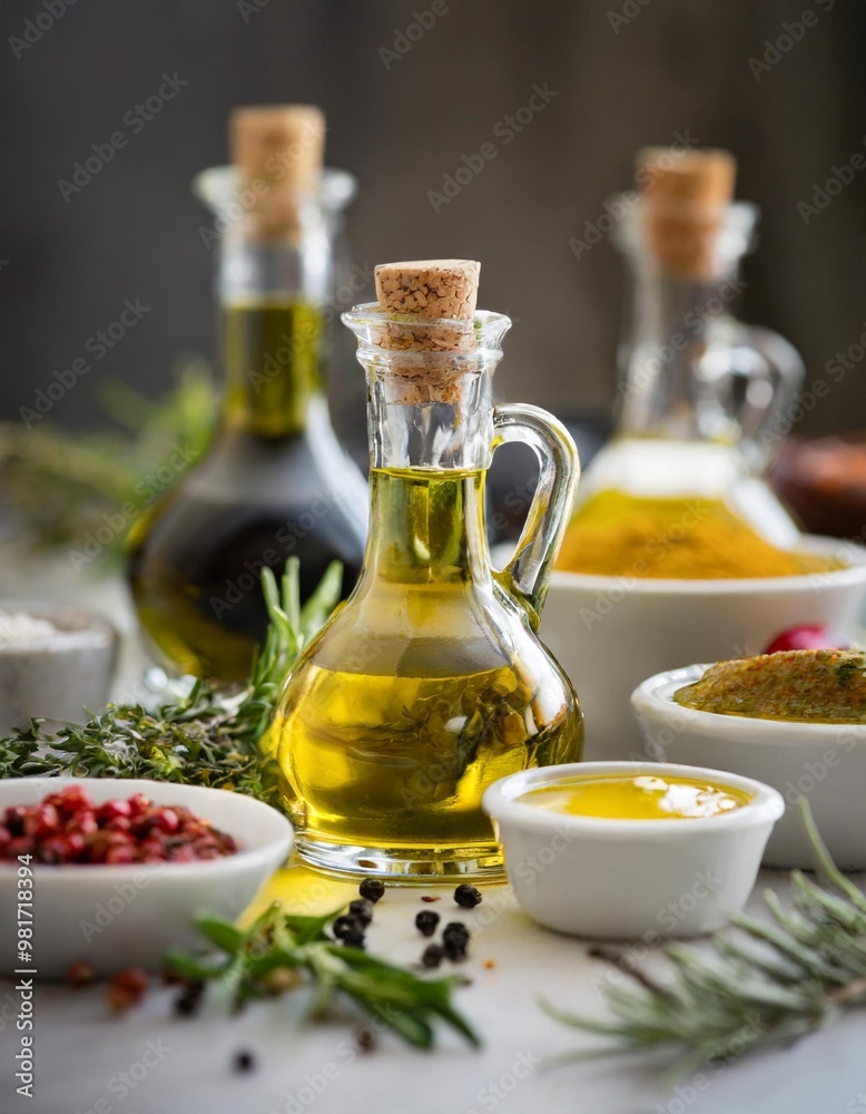 Gourmet condiment selection with depth of field featuring infused oils and flavored vinegars Gourmet condiment selection with depth of field featuring infused oils and flavored vinegars