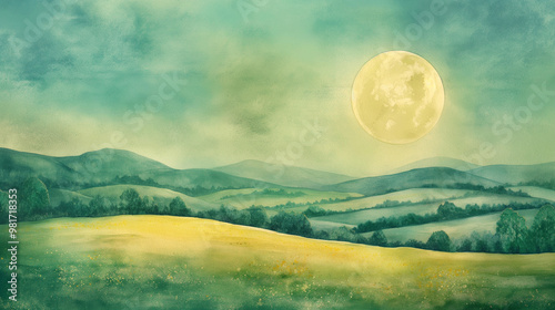 Watercolor landscape with full moon over green rolling hills
