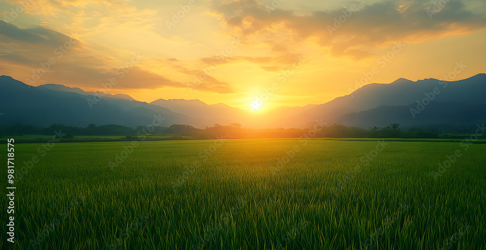 A field of green grass with a sun setting in the background A field of green grass with a sun setting in the background