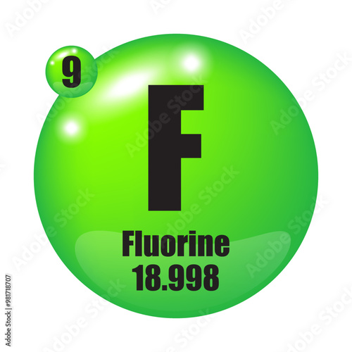 Fluorine element icon. Atomic number 9. Atomic mass 18.998. Green circular symbol.