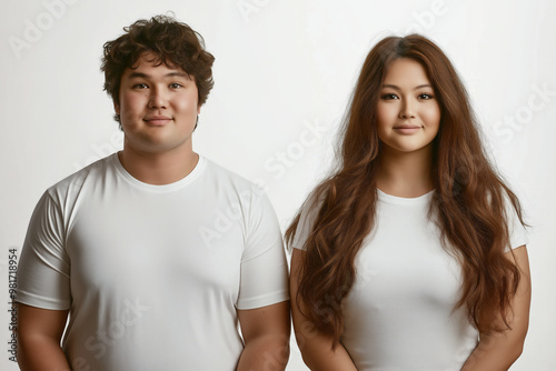 Plus size couple models in white t-shirts mockup