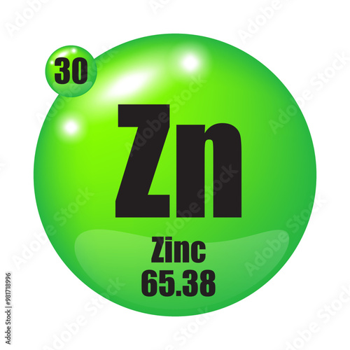 Zinc icon. Zn chemical element. Atomic number 30. Mass 65.38. Green sphere image. Vector symbol.