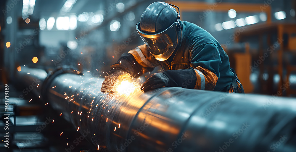 A man is working on a pipe with sparks flying A man is working on a pipe with sparks flying
