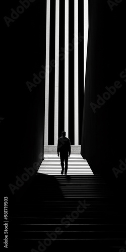 A man walks up a flight of stairs, with high contrast black and white lines. In the background are symmetrical composition, geometric shapes, futuristic style, minimalist design, architectural landsca photo