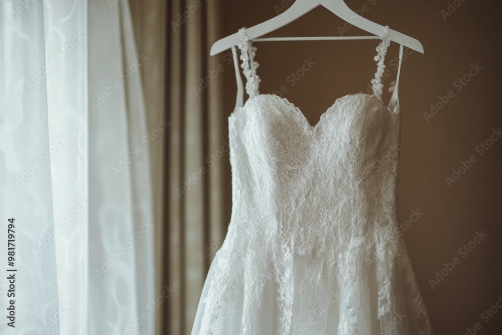 Elegant white wedding dress displayed on a rack, waiting for a bride-to-be in a charming boutique with soft lighting Elegant white wedding dress displayed on a rack, waiting for a bride-to-be in a charming boutique with soft lighting