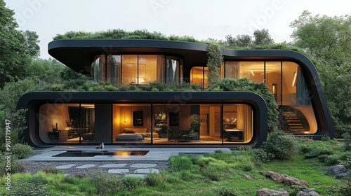 Modern Eco-Friendly Dwelling of Tomorrow: Futuristic Smart Home Facade with Green Technology.