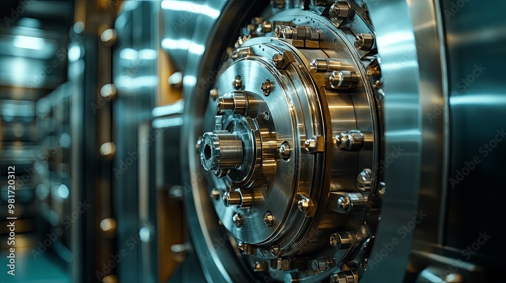 Fototapeta premium Close-up View of a Bank Vault's Complex Locking Mechanism