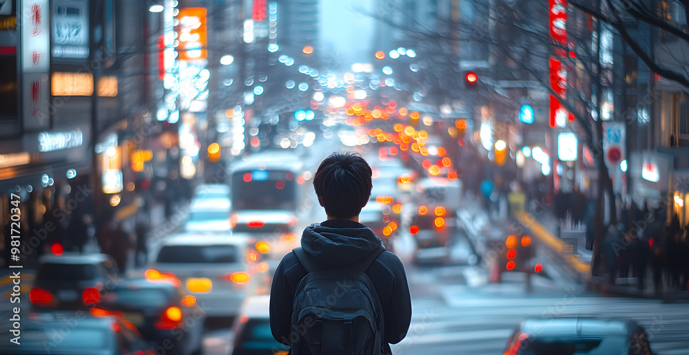 A man with a backpack stands on a busy city street