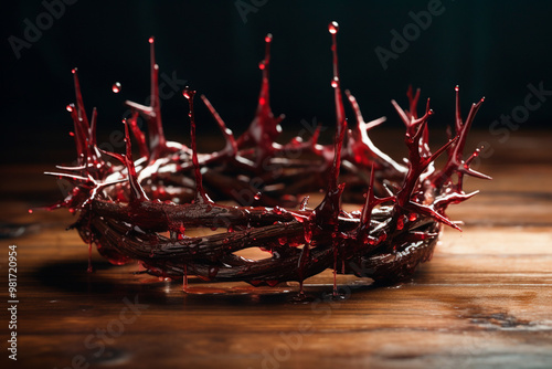 Crown of thorns, symbol of Jesus Christ, on textured wood.