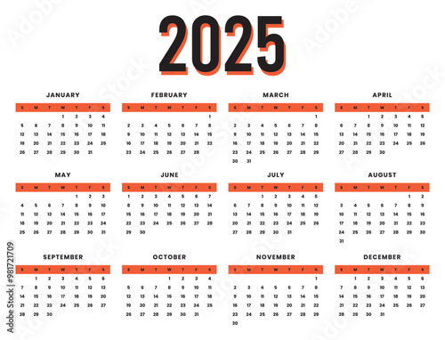 Vector template of colorful 2025 calendar