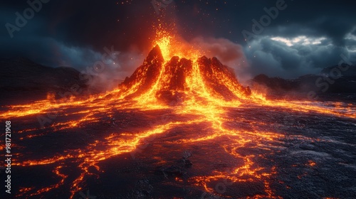 Fiery Night Sky: Stunning View of a Dramatic Volcanic Eruption with Lava Flows