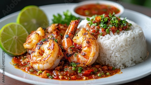 Grilled Shrimp with Spicy Sauce and Rice