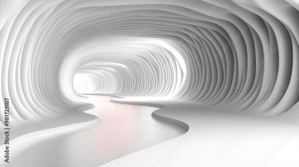 Abstract white cave with smooth curves and a flowing river, creating a serene and minimalist environment for artistic interpretation.