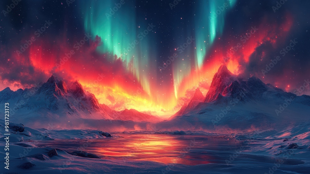 Vibrant Northern Lights Illuminating Snowy Landscape - Nature's Mesmerizing Display Vibrant Northern Lights Illuminating Snowy Landscape - Nature's Mesmerizing Display