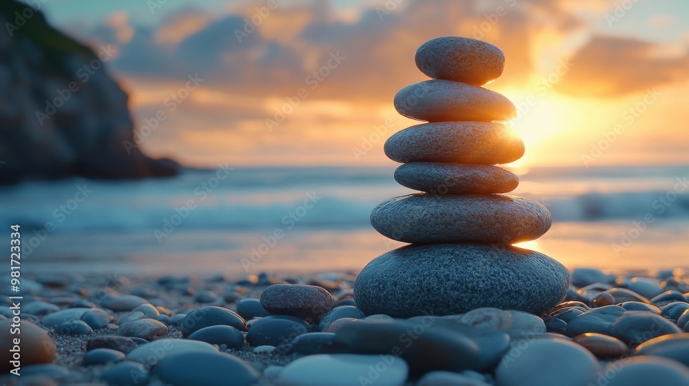 Fototapeta premium Serene Zen Rock Balancing at Sunset by the Ocean
