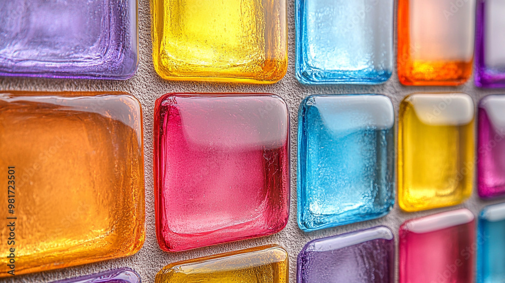 Close-up of colorful glass tiles arranged in a vibrant pattern, showcasing various shades and reflections for decorative uses. Close-up of colorful glass tiles arranged in a vibrant pattern, showcasing various shades and reflections for decorative uses.