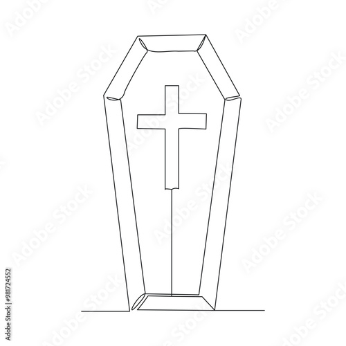 Continuous single line of wooden coffin horror funeral graveyard halloween concept one line vector illustration