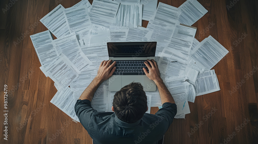 Business owner calculating taxes on laptop surrounded by receipts Business owner calculating taxes on laptop surrounded by receipts