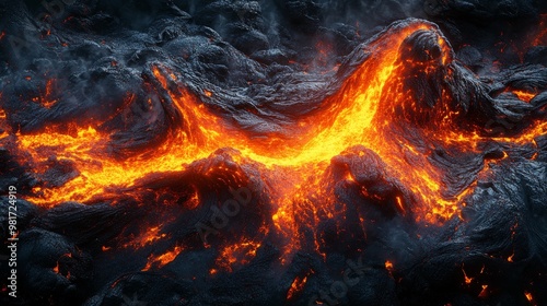 Molten Lava Flowing Through a Dark Volcanic Landscape photo