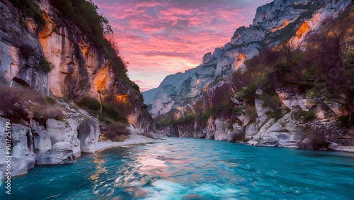 Sunset at Verdon Gorge with Warm Colors Reflecting on the Turquoise Waters photo