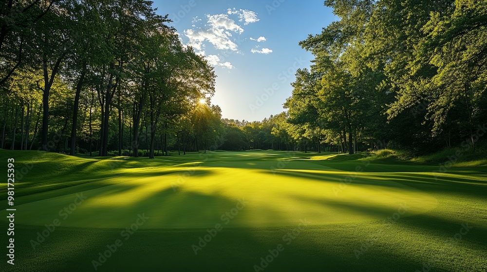 Sunlit Golf Course Fairway with Trees and Blue Sky Sunlit Golf Course Fairway with Trees and Blue Sky