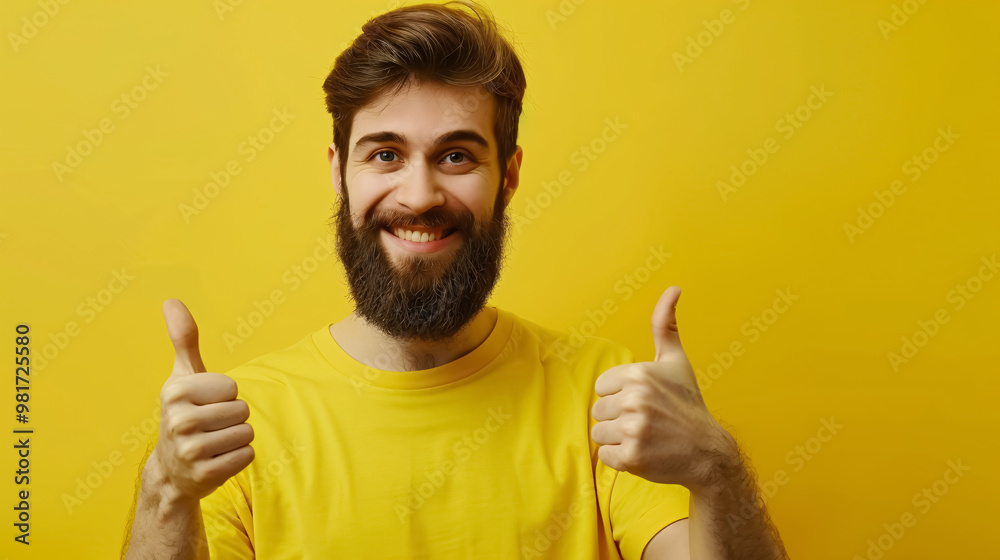 Young handsome man with a beard over an isolated yellow background with thumbs up because something good has happened.