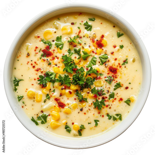 A bowl of creamy corn chowder soup topped with fresh parsley and red pepper flakes.