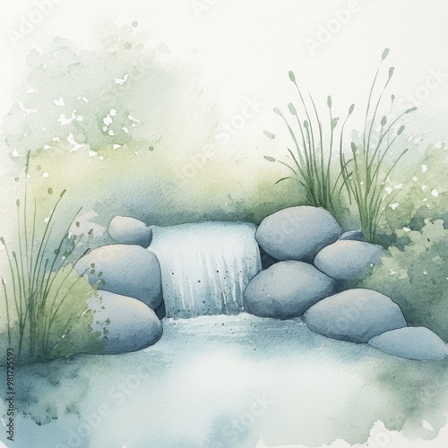 Watercolor illustration of rocks and plants near a calm body of water. Soft and peaceful nature scene for storytelling and relaxation.