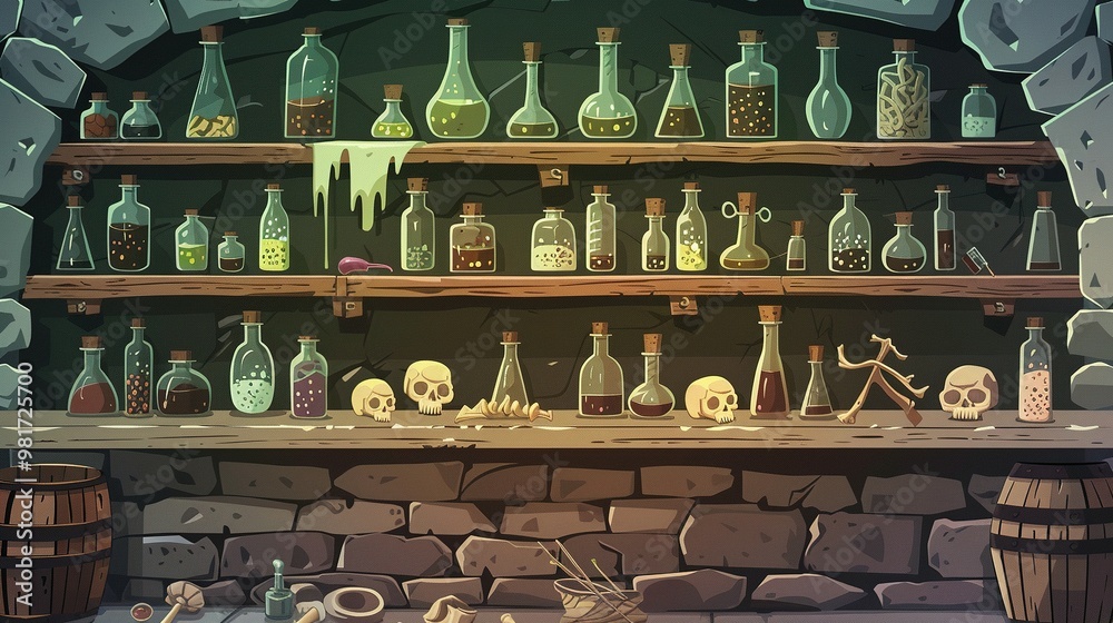 Mystical Alchemist Workbench: Cartoon Vector Scenes with Potions, Vials, and a Creepy Stone Wall in the Background Mystical Alchemist Workbench: Cartoon Vector Scenes with Potions, Vials, and a Creepy Stone Wall in the Background