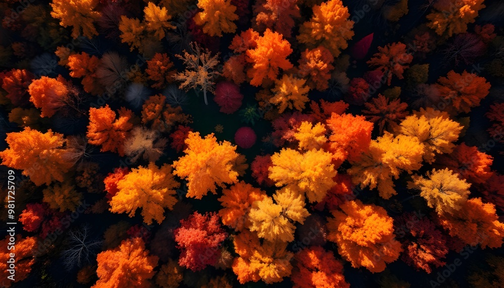A stunning overhead view of an autumn forest, with trees displaying vibrant shades of orange, red, and yellow. A stunning overhead view of an autumn forest, with trees displaying vibrant shades of orange, red, and yellow.