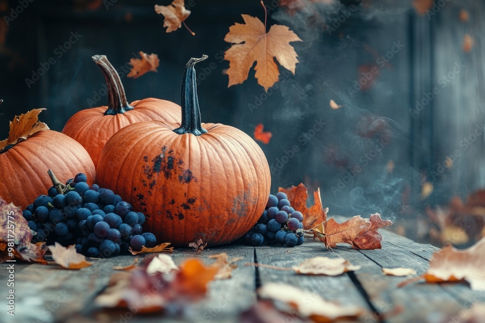 Thanksgiving pumpkins with wild grapes and falling leaves on a rustic wooden table , ai Thanksgiving pumpkins with wild grapes and falling leaves on a rustic wooden table , ai
