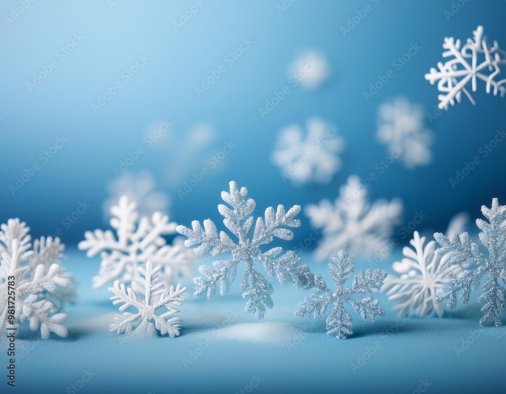 Minimalist winter background with depth of field featuring soft snowflakes on a light blue backdrop Minimalist winter background with depth of field featuring soft snowflakes on a light blue backdrop