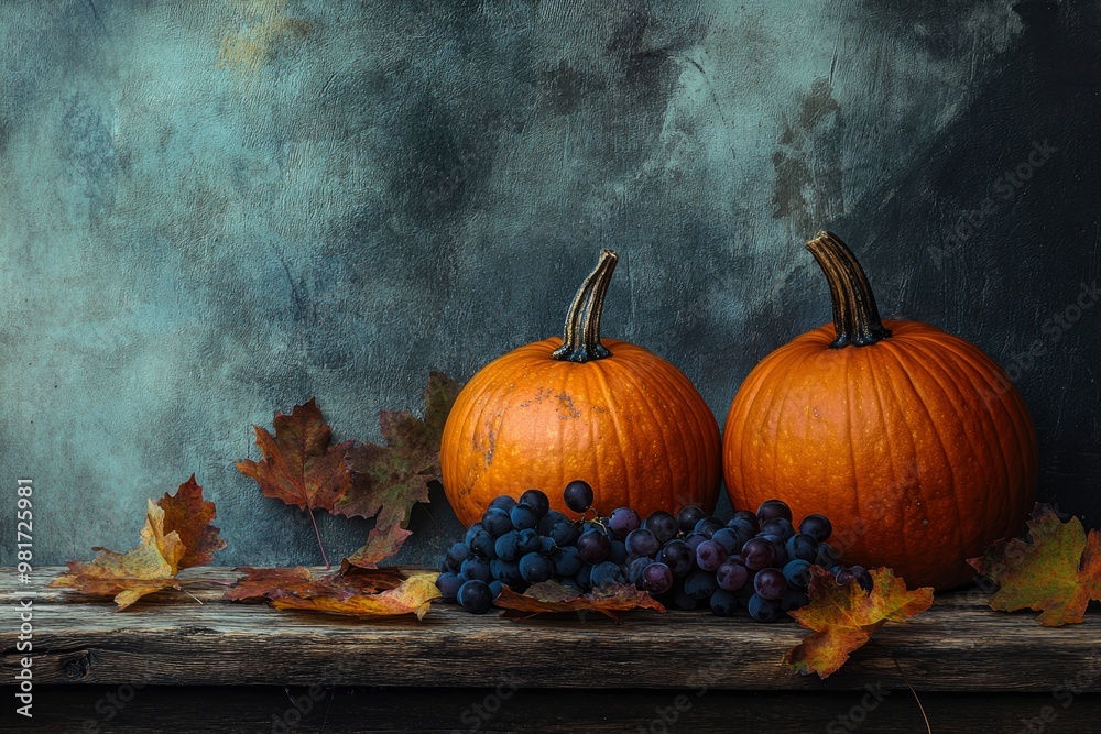 Thanksgiving pumpkins with wild grapes and falling leaves on a rustic wooden table , ai Thanksgiving pumpkins with wild grapes and falling leaves on a rustic wooden table , ai