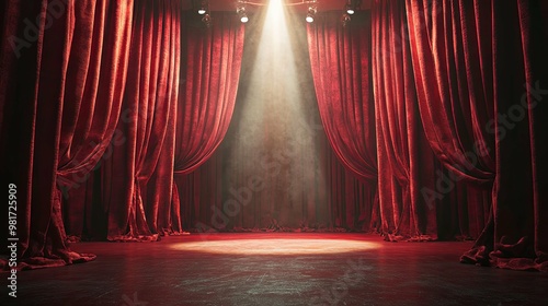 Red velvet curtains parted to reveal a stage lit by a spotlight photo