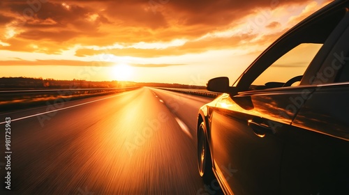 Lone car driving on deserted highway at sunset, road stretching into horizon with golden light reflecting off hood, sharp silhouette against vibrant sky, emphasizing solitude and freedom