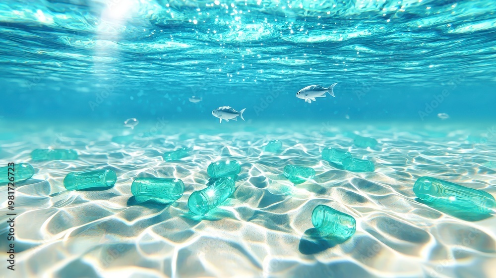Plastic waste floating in ocean, clear water with fish swimming, 3D illustration Plastic waste floating in ocean, clear water with fish swimming, 3D illustration