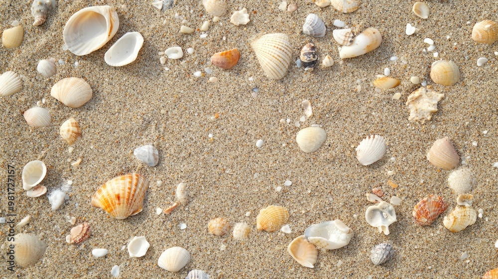 Fine sandy beach texture with scattered seashells Fine sandy beach texture with scattered seashells