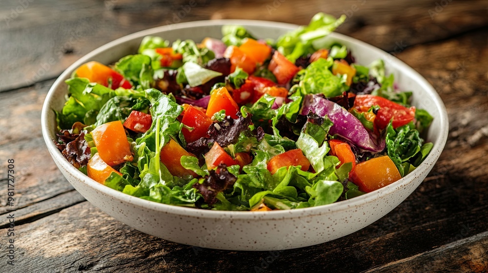 Fresh Salad with Tomatoes, Peppers, and Greens in White Bowl Fresh Salad with Tomatoes, Peppers, and Greens in White Bowl