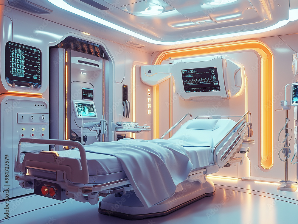 Futuristic Hospital Room Filled with Advanced Medical Equipment and Generative Technology. Futuristic Hospital Room Filled with Advanced Medical Equipment and Generative Technology.