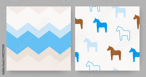 Set of seamless prints in blue, milky white, beige and brown pastel colors. Graphical elements with zigzag and cute pony horses silhouette. Vector illustration. Use it as wallpaper or for textile.