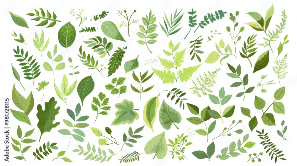 Large collection of various green leaves, tropical and botanical illustrations Large collection of various green leaves, tropical and botanical illustrations